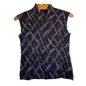 Y2K Scrunch Crinkle High Neck Tank Asian Inspired Sleeveless Top Black Purple M